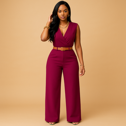 Women’s elegant deep V-neck jumpsuit with high waist and flowy fabric. Perfect outfit for parties, nights out, or special occasions in multiple colors.