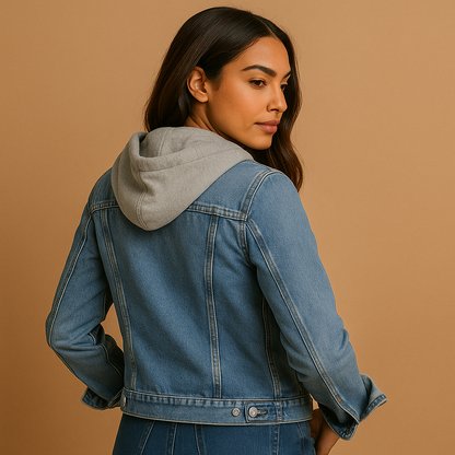 Women’s denim jacket with hood, lightweight breathable design, and front pockets. Perfect for summer outfits, casual wear, and layering.