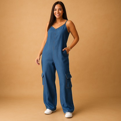 Women’s denim jumpsuit with V-neckline and open back featuring crossed straps, perfect for summer, festivals, and casual outings.