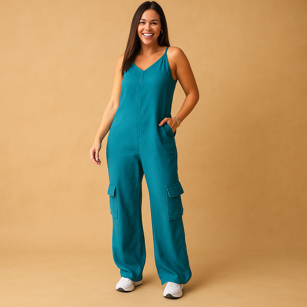 Women’s denim jumpsuit with V-neckline and open back featuring crossed straps, perfect for summer, festivals, and casual outings.