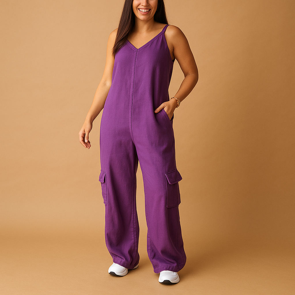 Women’s denim jumpsuit with V-neckline and open back featuring crossed straps, perfect for summer, festivals, and casual outings.
