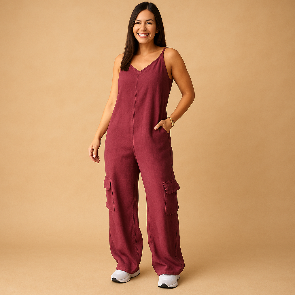 Women’s denim jumpsuit with V-neckline and open back featuring crossed straps, perfect for summer, festivals, and casual outings.