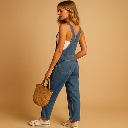 Women’s denim overall with adjustable straps and relaxed fit, ideal for casual days, brunch, and all-year styling.