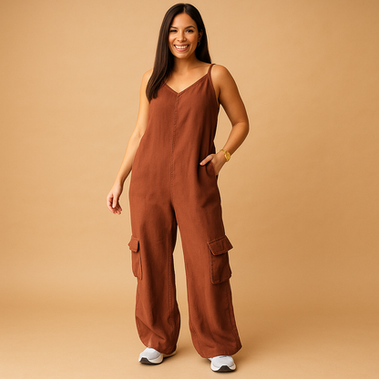 Women’s denim V-neck jumpsuit with open back and crisscross straps, high-waisted fit in breathable 100% cotton, available in multiple colors.