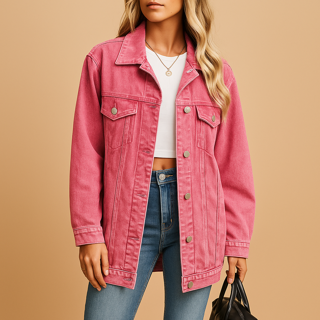 Denim winter jacket for women in classic blue with button closure and warm lining, perfect for stylish and cozy winter days.