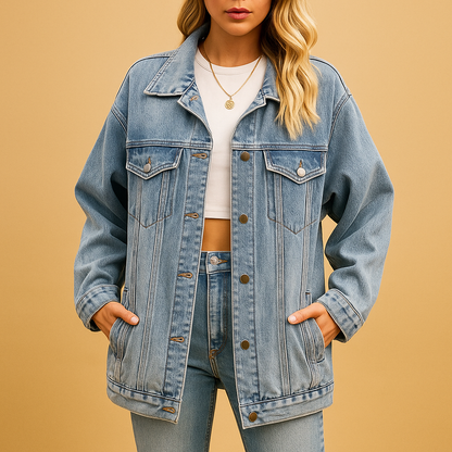 Denim winter jacket for women in classic blue with button closure and warm lining, perfect for stylish and cozy winter days.