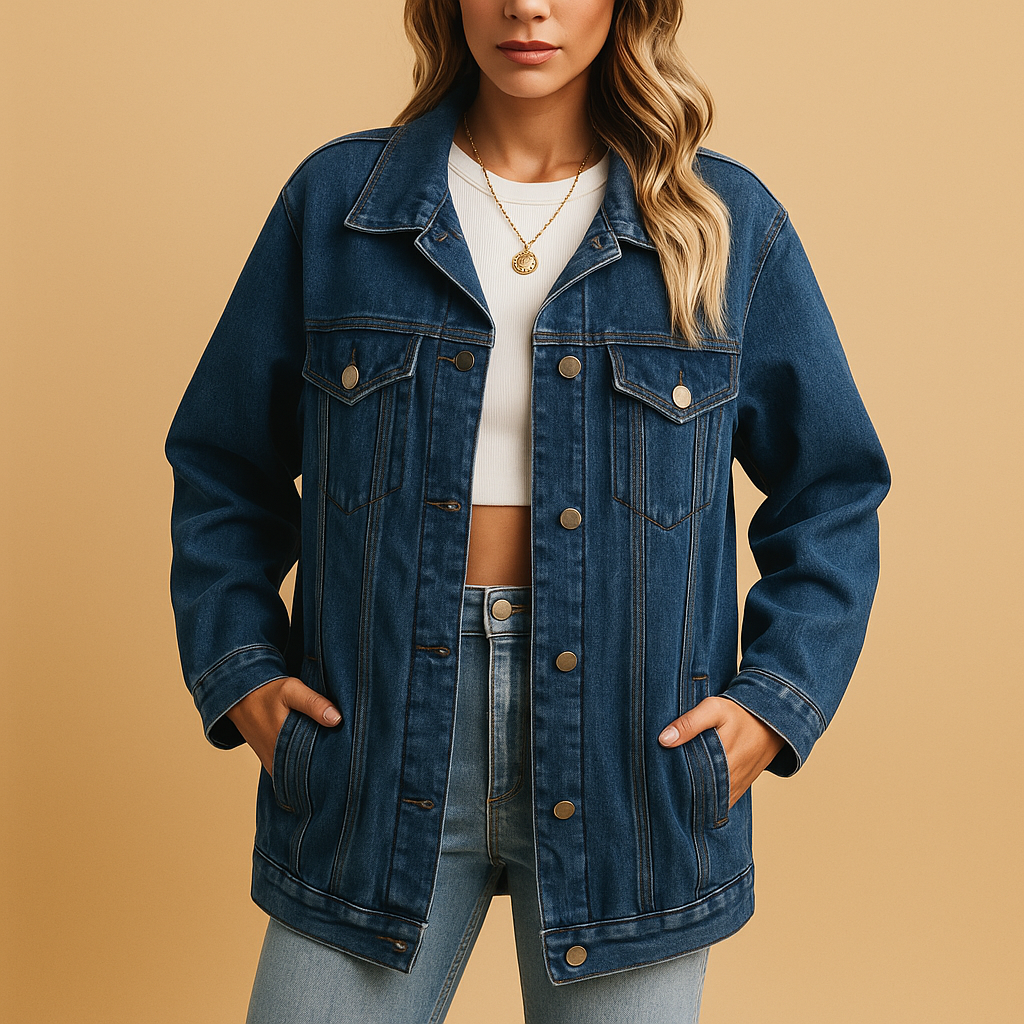 Denim winter jacket for women in classic blue with button closure, combining casual charm and cozy warmth for winter days.