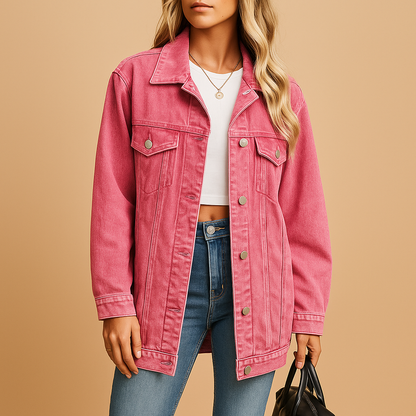 Denim winter jacket for women with slim fit, button closure, and warm lining in classic denim blue, perfect for casual wear or festive occasions.