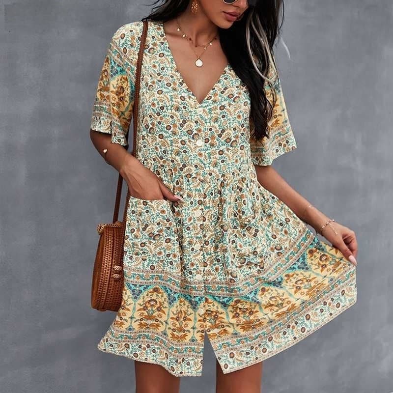 Casual V-Neck Summer Dress with Floral Print - Nocini