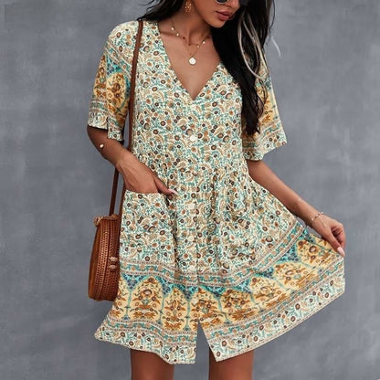Casual V-Neck Summer Dress with Floral Print - Nocini