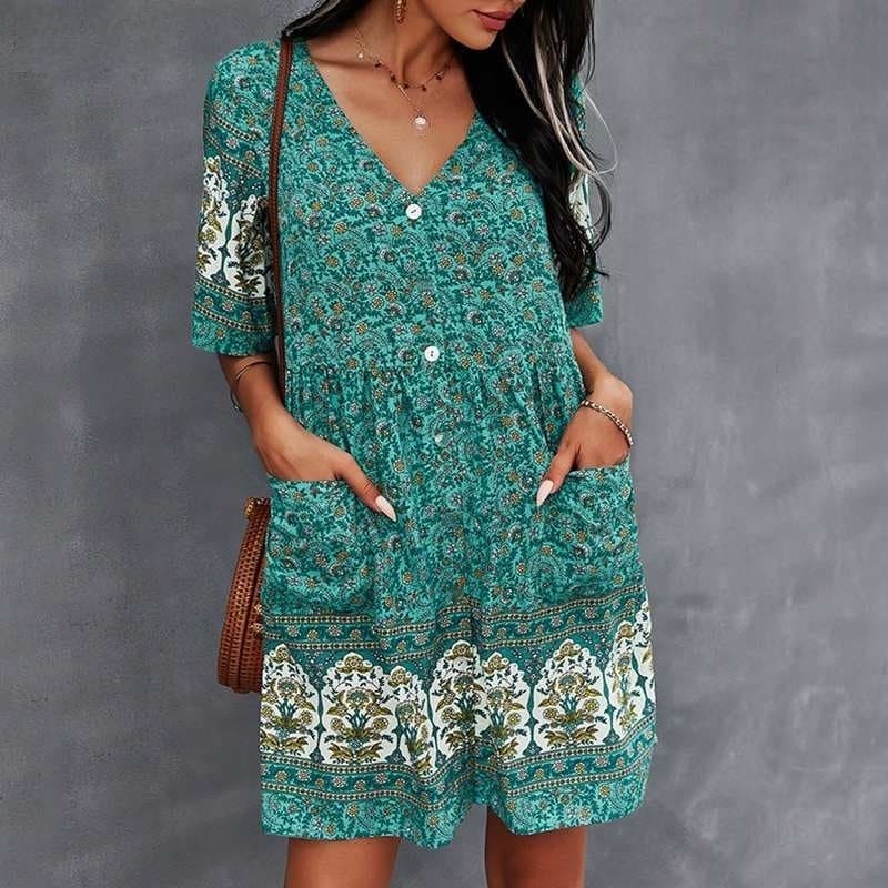 Casual V-Neck Summer Dress with Floral Print