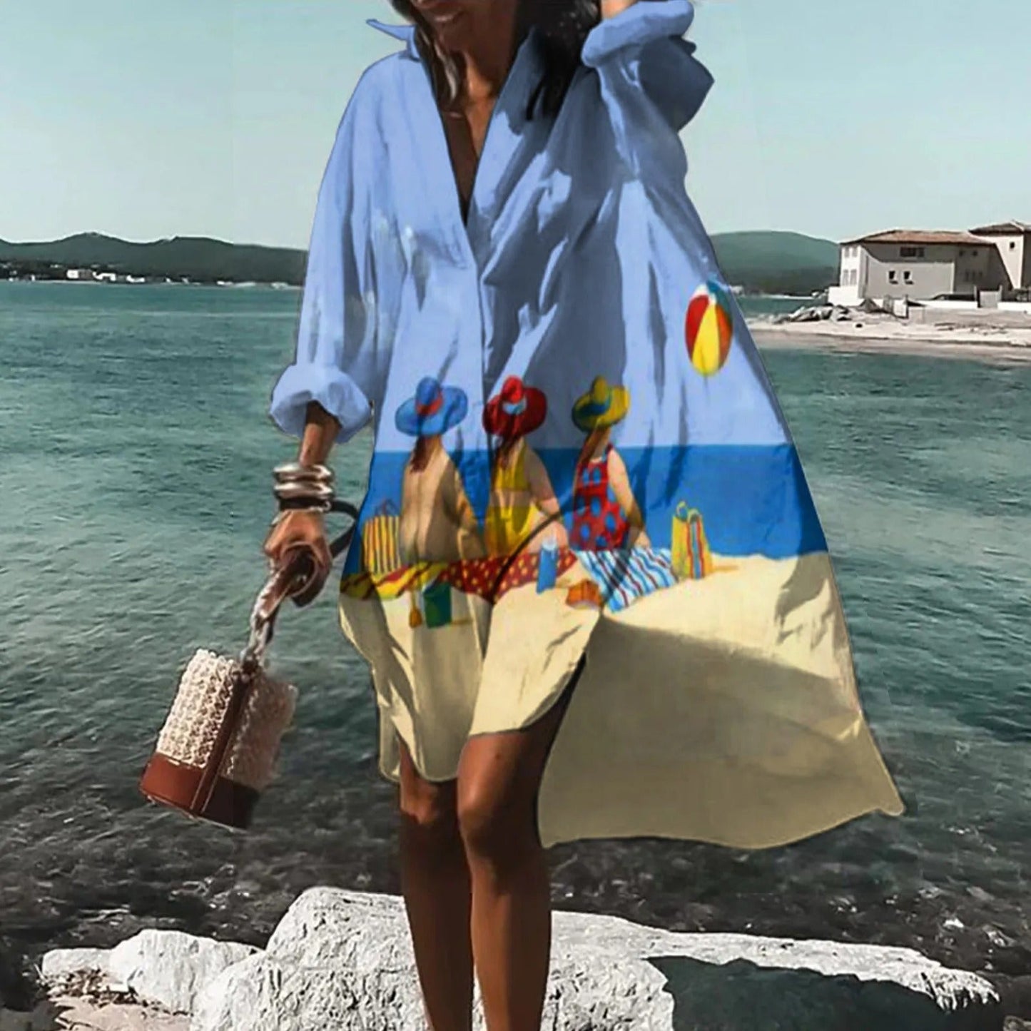 Ladies' Casual Floral A-Line Shirt Dress with Bell Sleeves