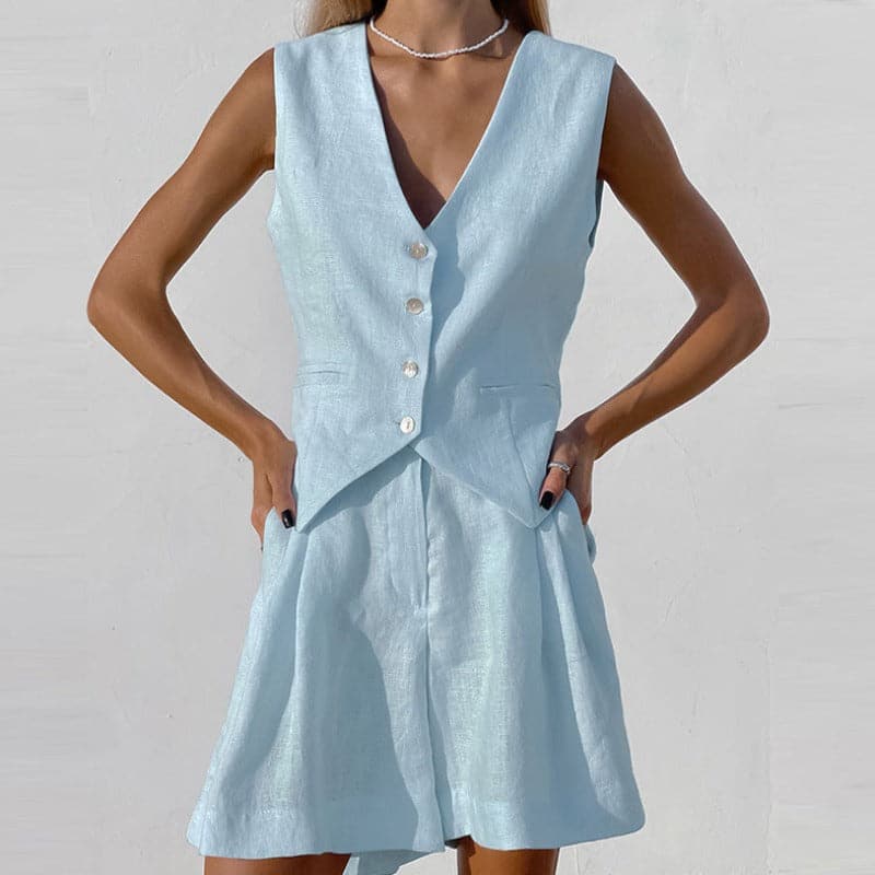 Breathable Women's Linen Vest and Shorts Set