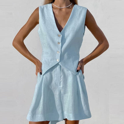 Breathable Women's Linen Vest and Shorts Set