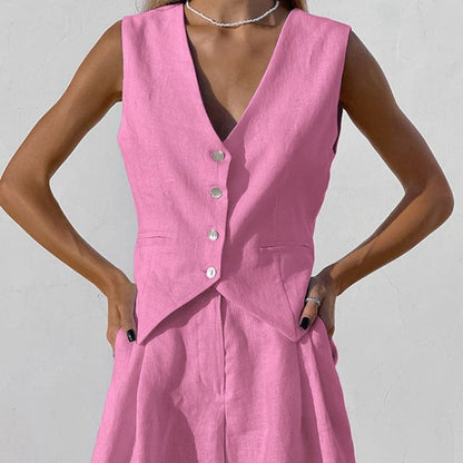 Breathable Women's Linen Vest and Shorts Set