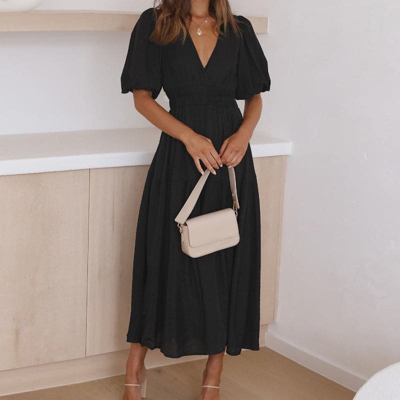 Casual V Neck Midi Dress with Puff Sleeves - Nocini