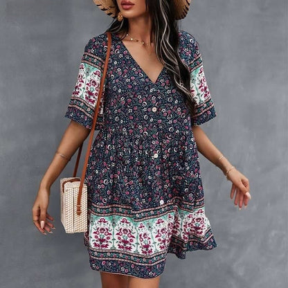 Casual V-Neck Summer Dress with Floral Print