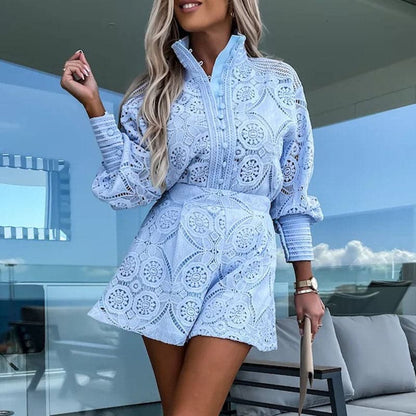 Ladies' Lace Jumpsuit - High Neck & Long Sleeve - Button Front - Nocini