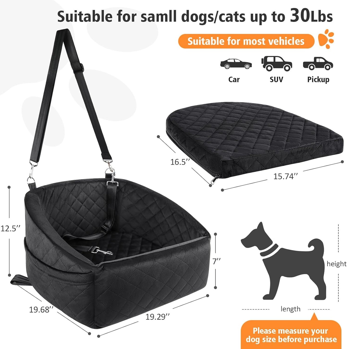 Dog seat with seat belt & storage compartments-Black-Nora Luxe