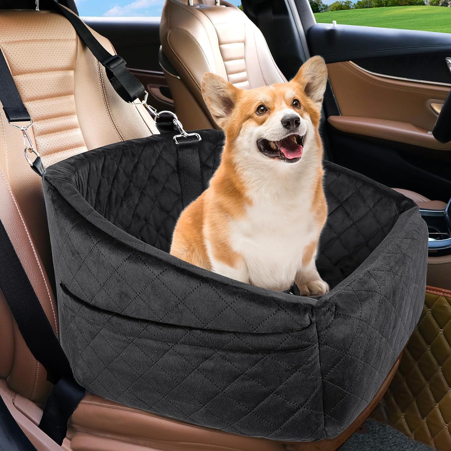 Dog seat with seat belt & storage compartments-Black-Nora Luxe