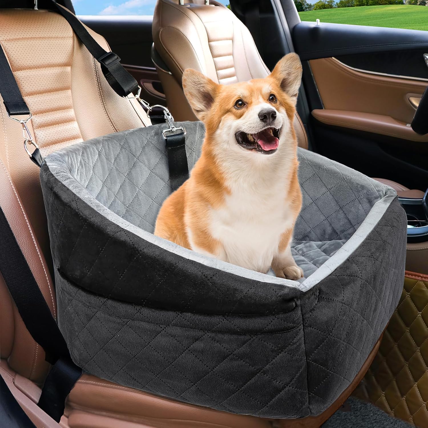 Dog seat with seat belt & storage compartments-Black/Gray-Nora Luxe