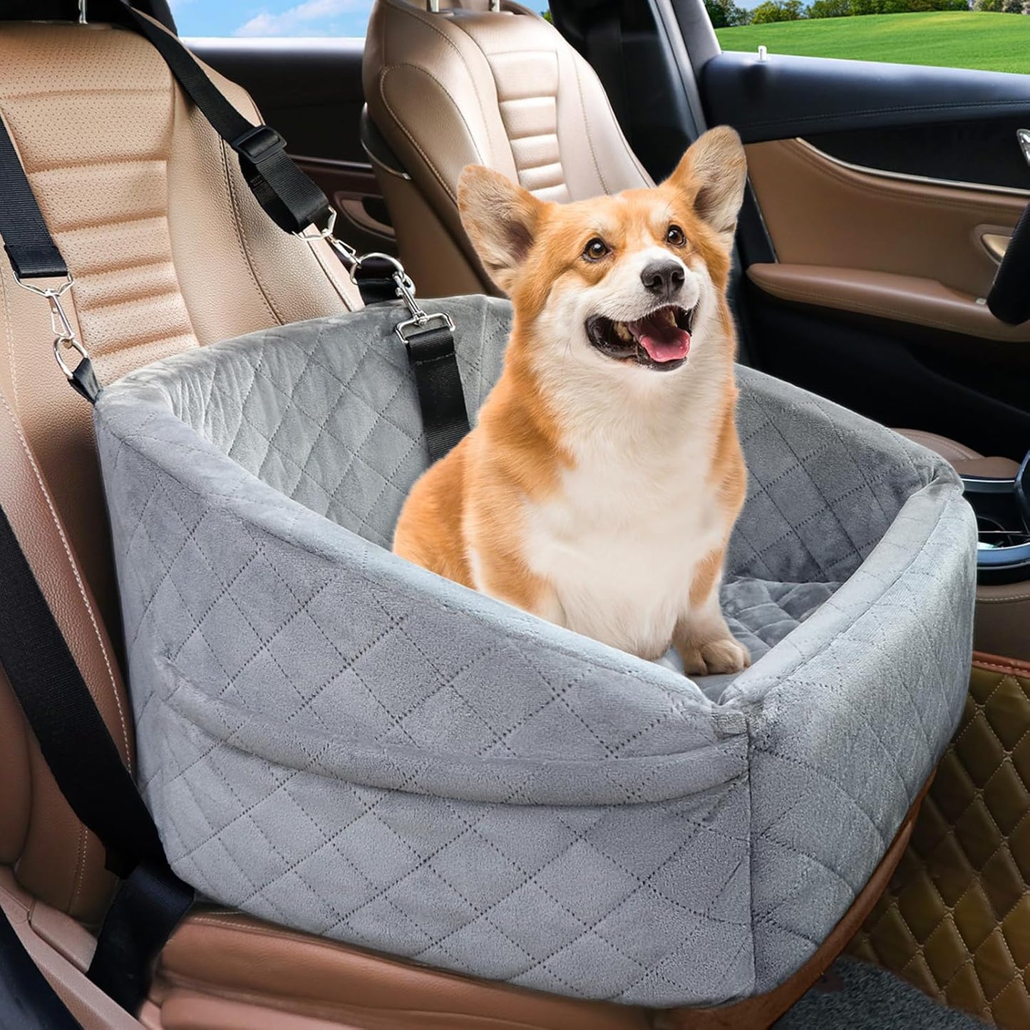 Dog seat with seat belt & storage compartments-Gray-Nora Luxe