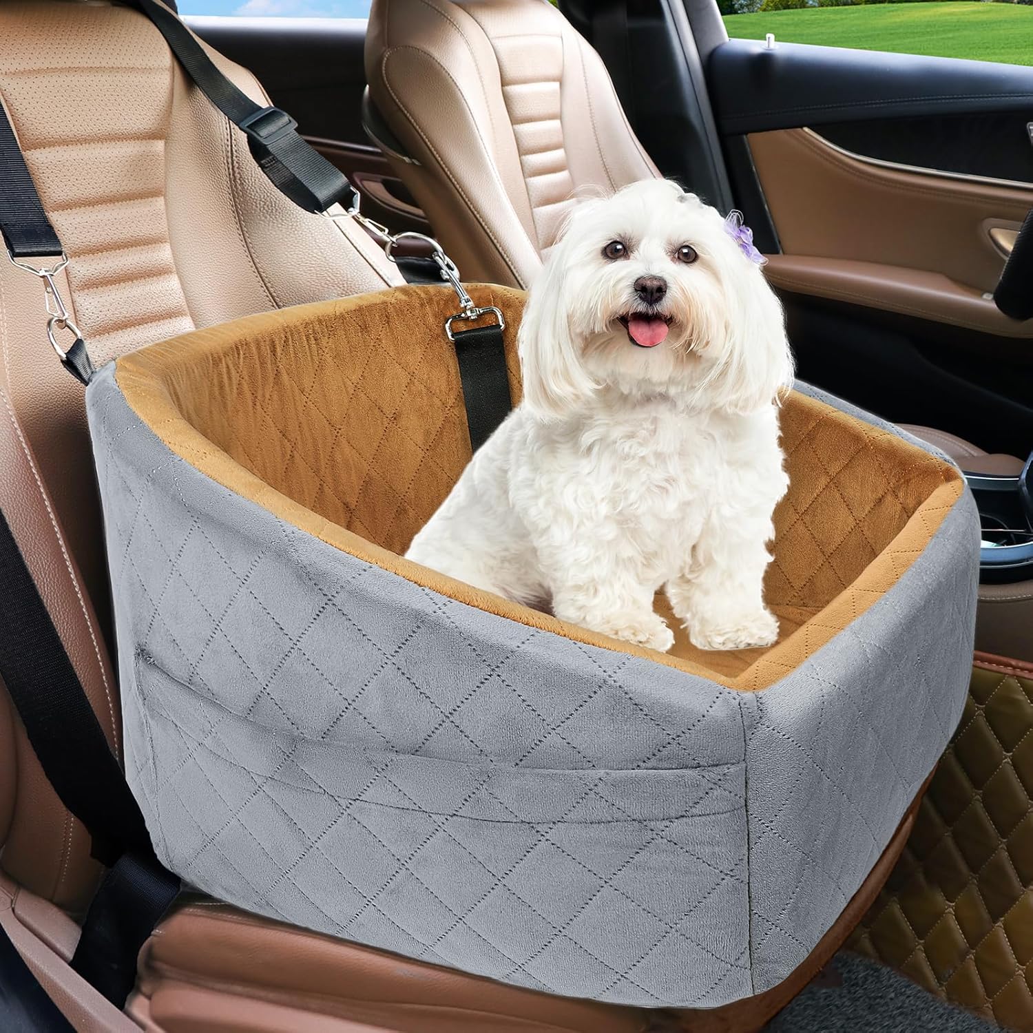 Dog seat with seat belt & storage compartments-Gray/Brown-Nora Luxe
