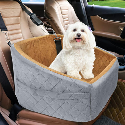 Dog seat with seat belt & storage compartments-Gray/Brown-Nora Luxe