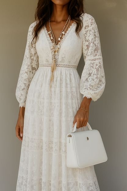 Elegant Lace V-Neck Maxi Dress for Women - Olytrend