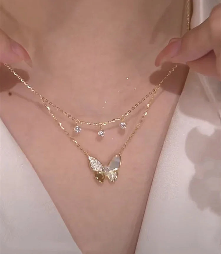 Delicate Pearl and Crystal Butterfly Pendant Necklace - Pexav