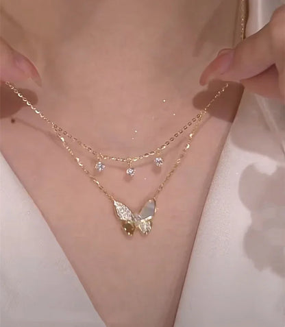 Delicate Pearl and Crystal Butterfly Pendant Necklace - Pexav
