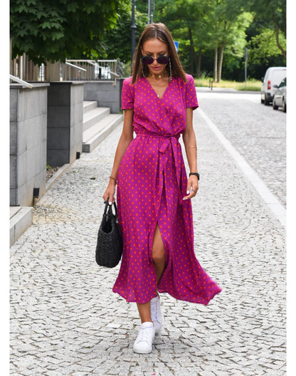 Ladies' Casual Wrap Dress with V-Neck and Short Sleeves - Nocini