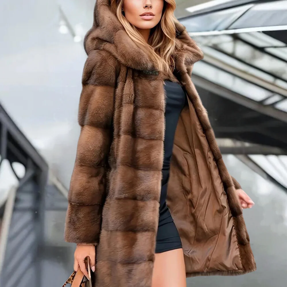 Soft Women's Fur Parka Coat Mid Length