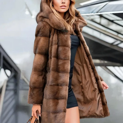 Soft Women's Fur Parka Coat Mid Length