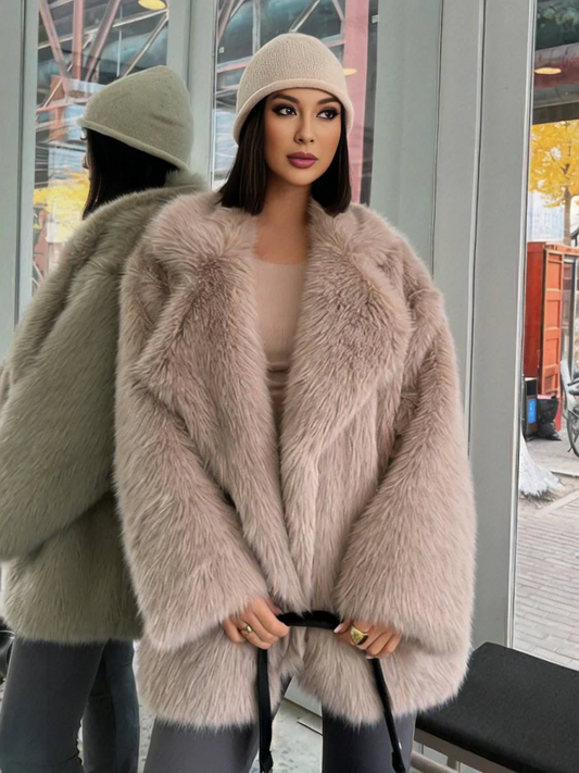 Ladies Faux Fur Trench Coat with Belted Waist - Nocini