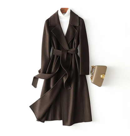 Classic Long Wool Coat with Belted Waist - Nocini