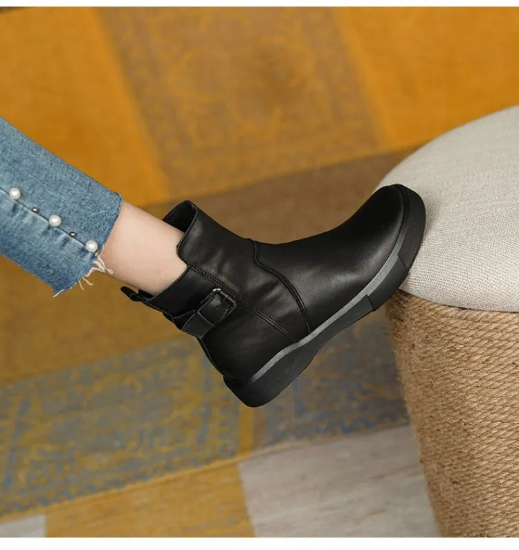 Ladies Thick Heel Leather Ankle Boots