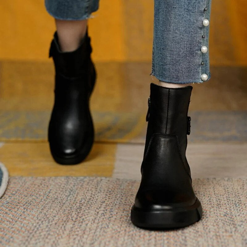 Ladies Thick Heel Leather Ankle Boots