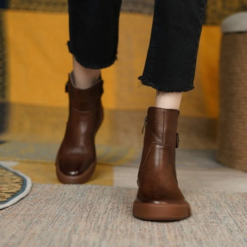 Ladies Thick Heel Leather Ankle Boots