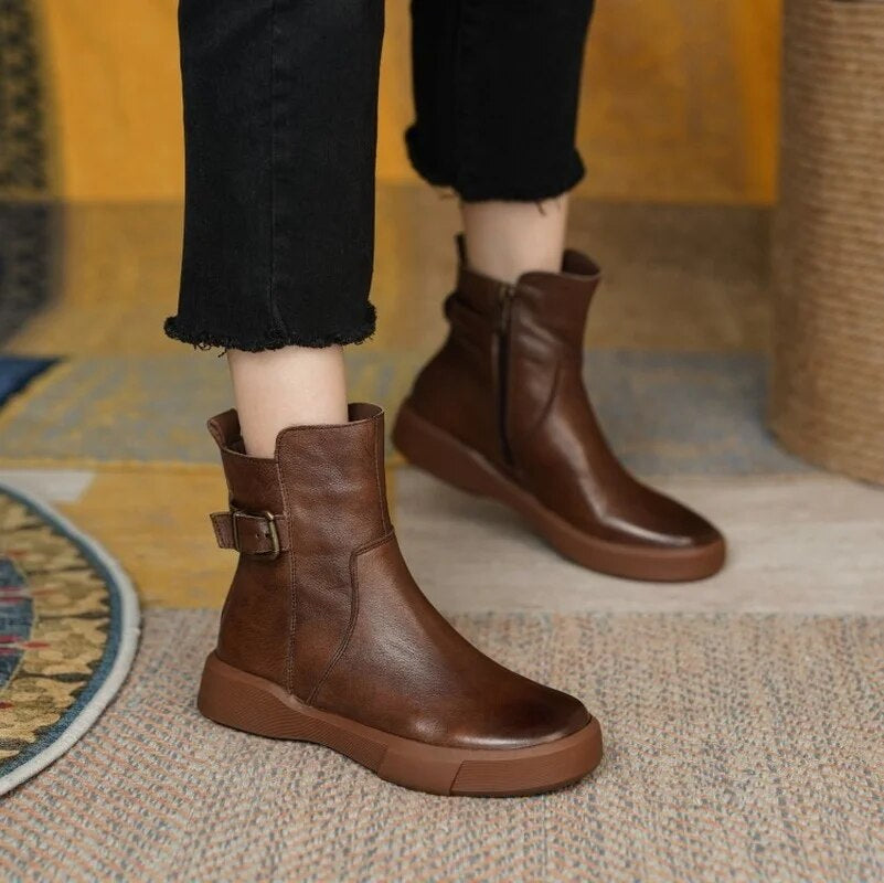 Ladies Thick Heel Leather Ankle Boots