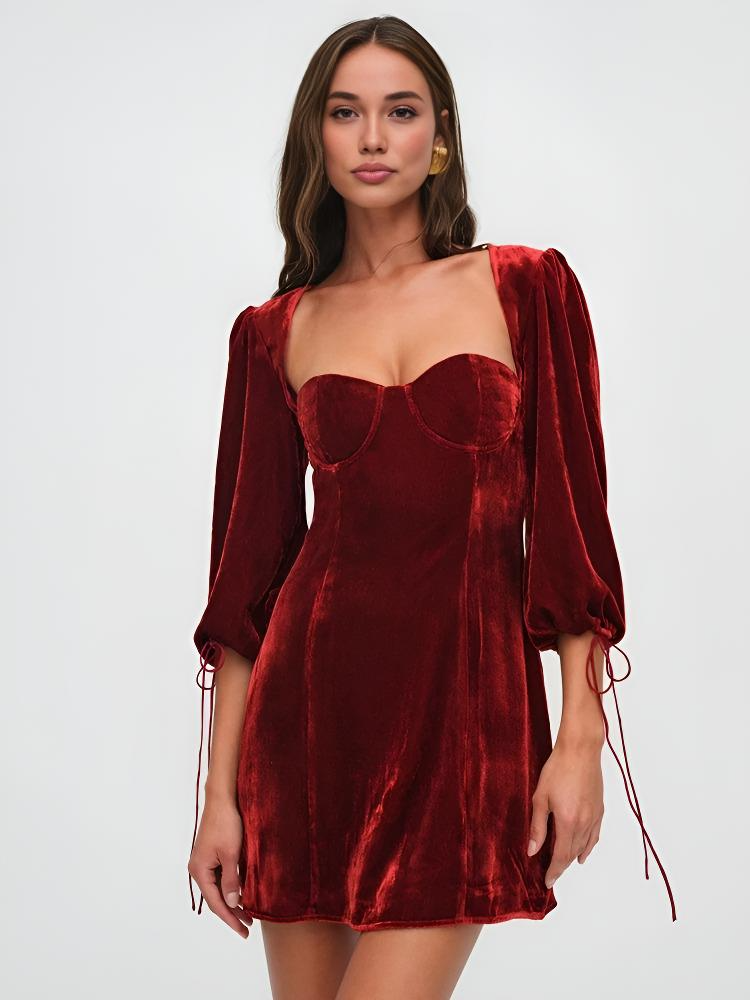 Women's Velvet Mini Bodycon Dress with Puff Sleeves - Nocini