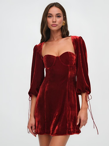 Women's Velvet Mini Bodycon Dress with Puff Sleeves - Nocini