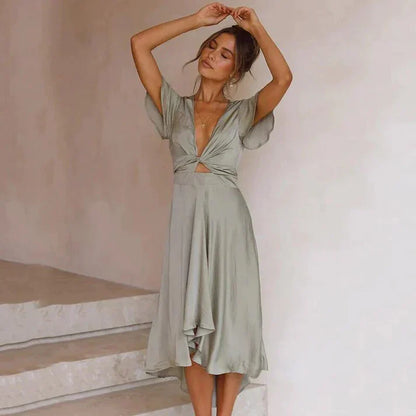 Elegant V Neck Wrap Dress with Short Sleeves