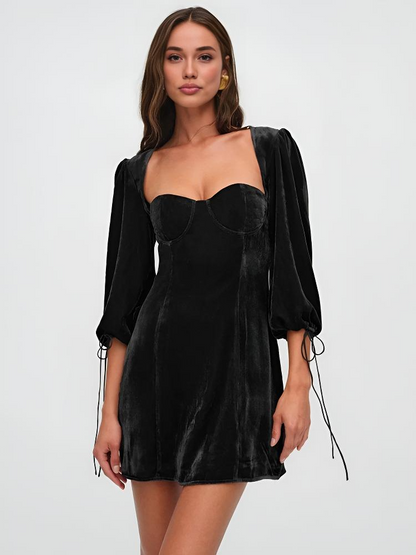 Women's Velvet Mini Bodycon Dress with Puff Sleeves