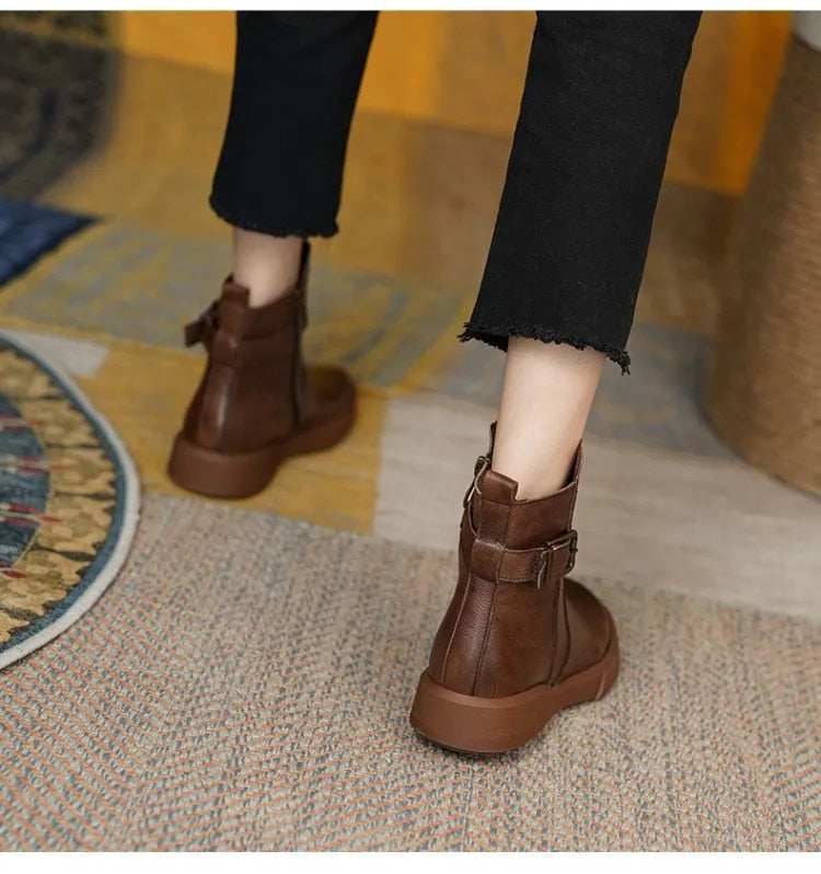 Ladies Thick Heel Leather Ankle Boots