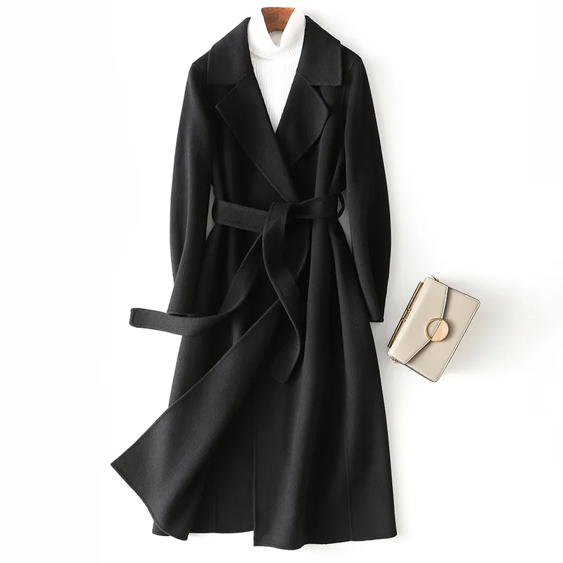 Classic Long Wool Coat with Belted Waist