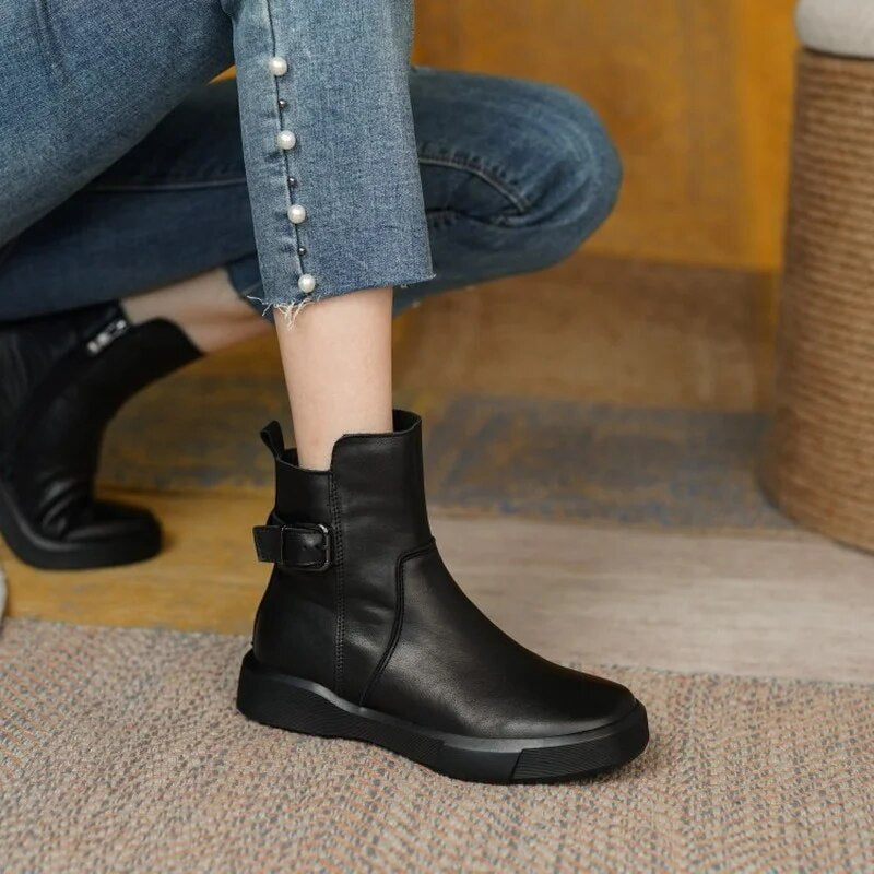 Ladies Thick Heel Leather Ankle Boots