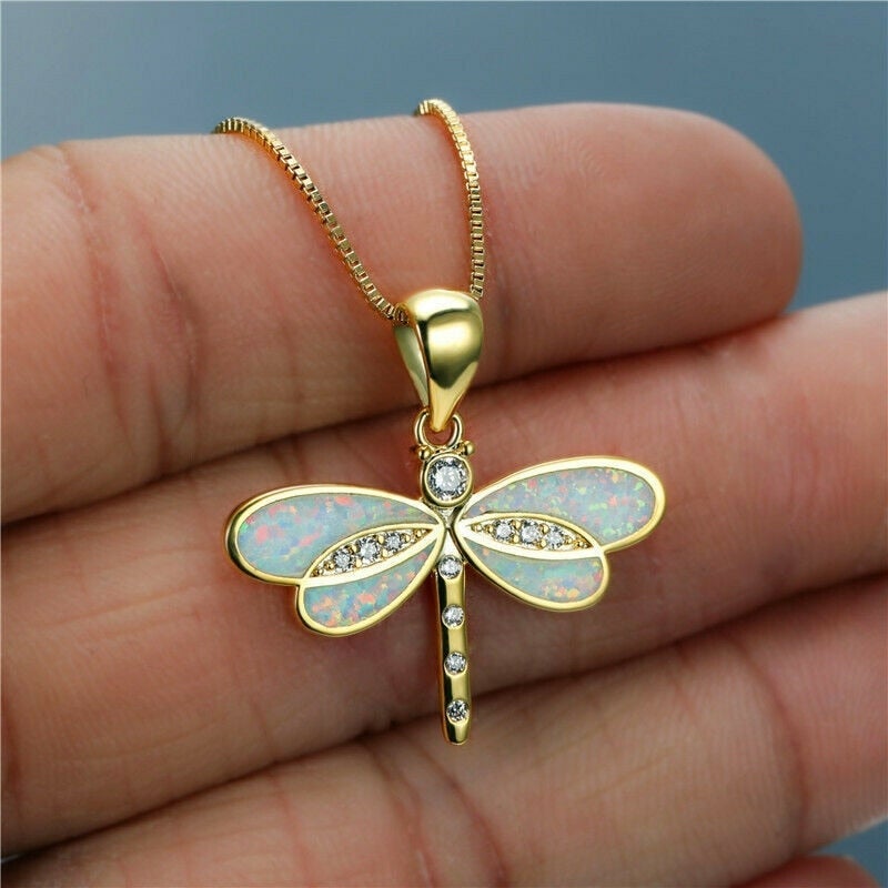 Delicate Gold Dragonfly Opal Pendant Necklace - Pexav