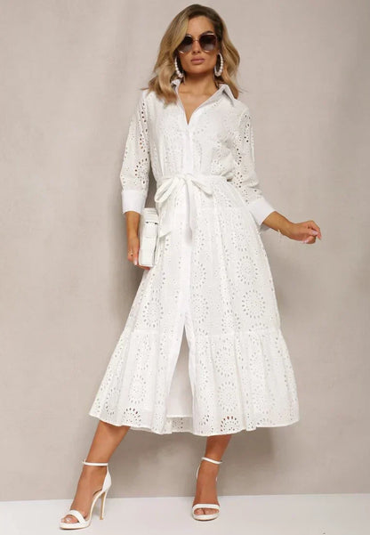 Casual Fit Women's White Lace Midi Dress - Nocini