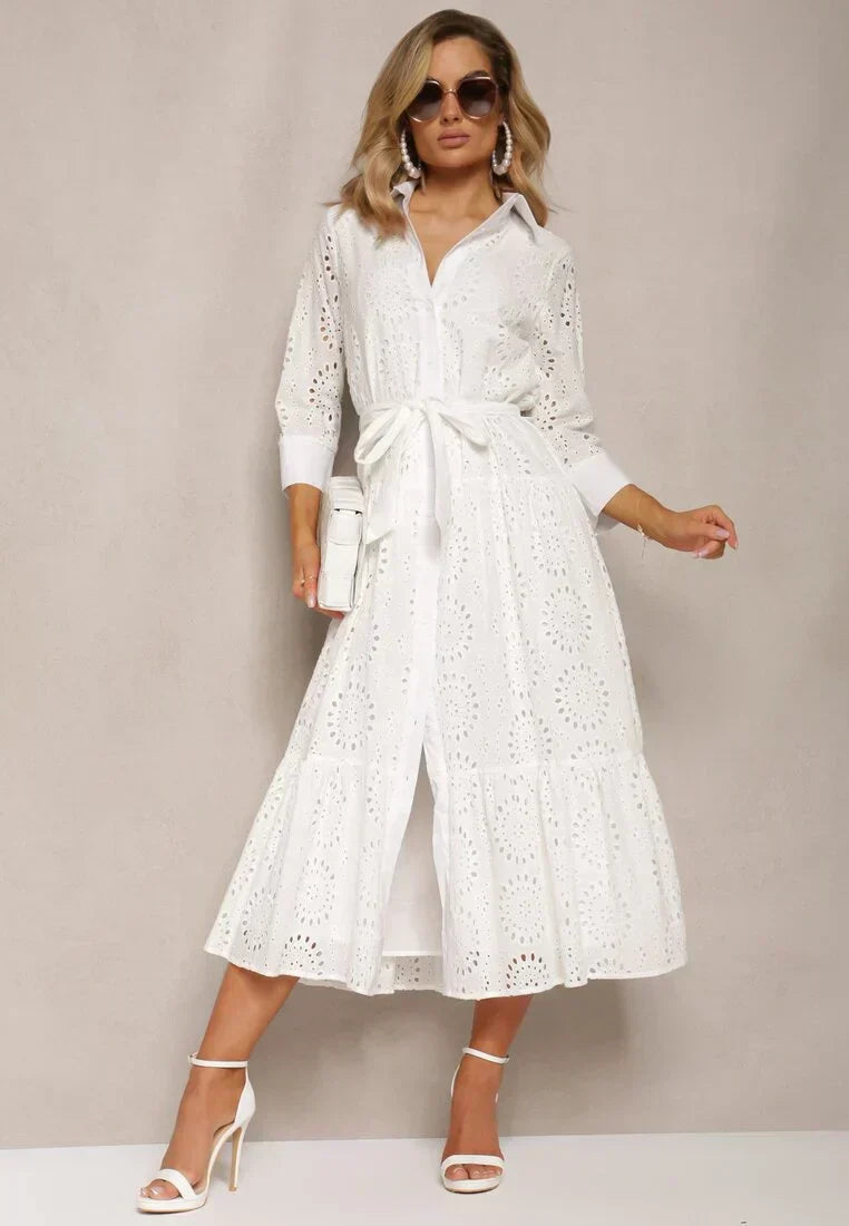Casual White Embroidered Midi Dress with Belt - Nocini